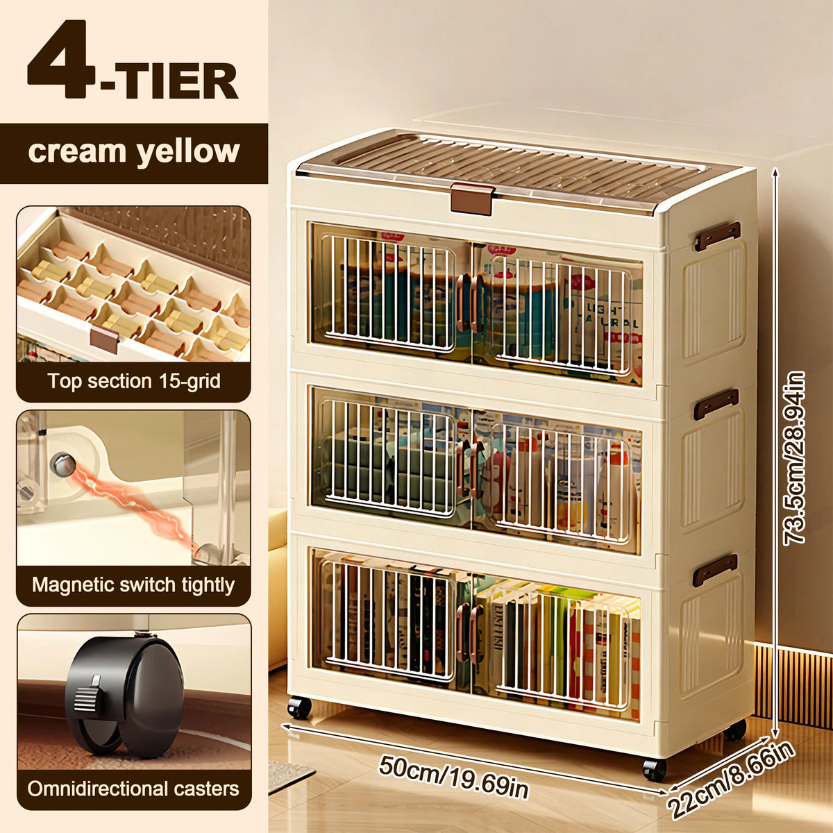 50cm Wide Foldable Storage Cabinet Home Cabinet With Wheels Magnetic Door Home Bedroom Kitchen Plastic Storage Cabinet