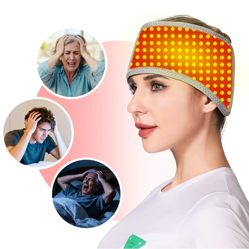 660nm Red Light Heated Headband Full-Wrap Head Massager Red Light 3 Heating Modes Relief Pain Anti-fatigue Helpful for Sleep Forehead Heating Pad Relieve Head Discomfort Home Relax 3 Modes Velcro Adjustable