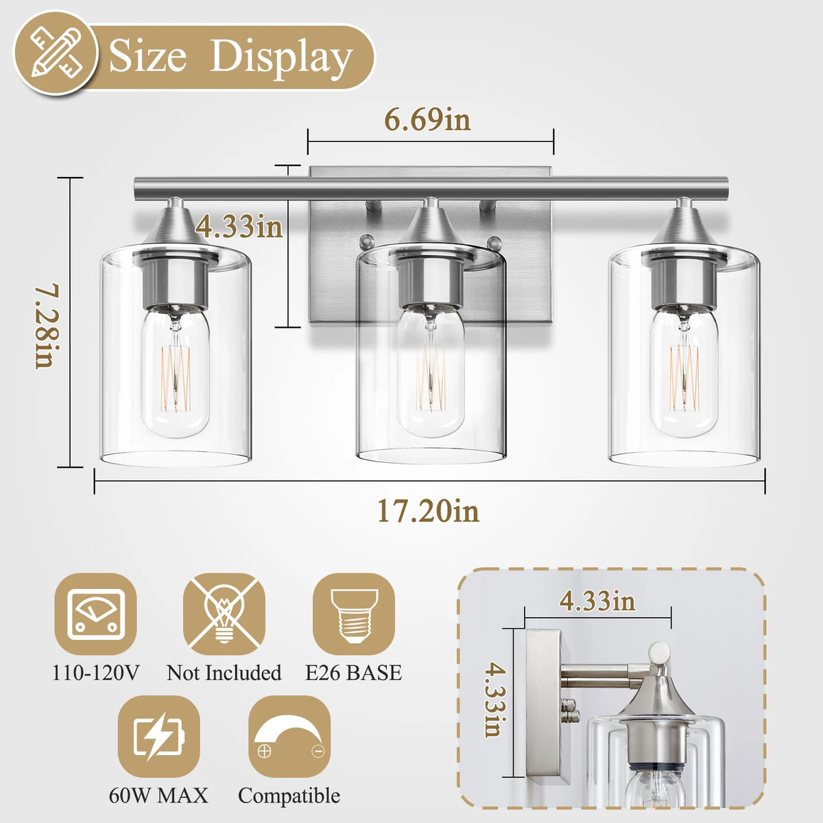 Three Light Brushed Nickel Bathroom Vanity Light With Clear Glass