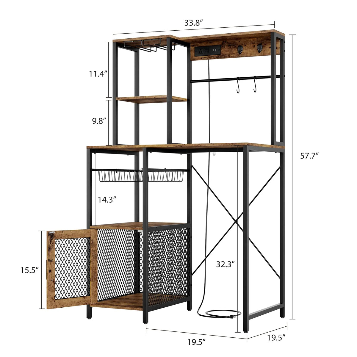 Kitchen Bakers Rack with Power Outlet and Storage Cabinet, Coffee Bar Microwave Stand with Refrigerator Space, Freestanding Kitchen Shelf for Pantry Living Room, Rustic Brown
