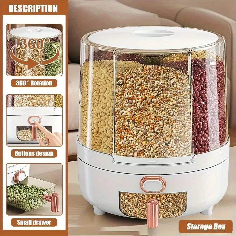 1pc Rice Bucket, Rice Dispenser, Grain Dispenser, 360° Rotating Rice Storage Box, Kitchen Grain Storage Container, 6 Compartments, One-Button Design, Convenient Access To Wheat, Beans And Rice!