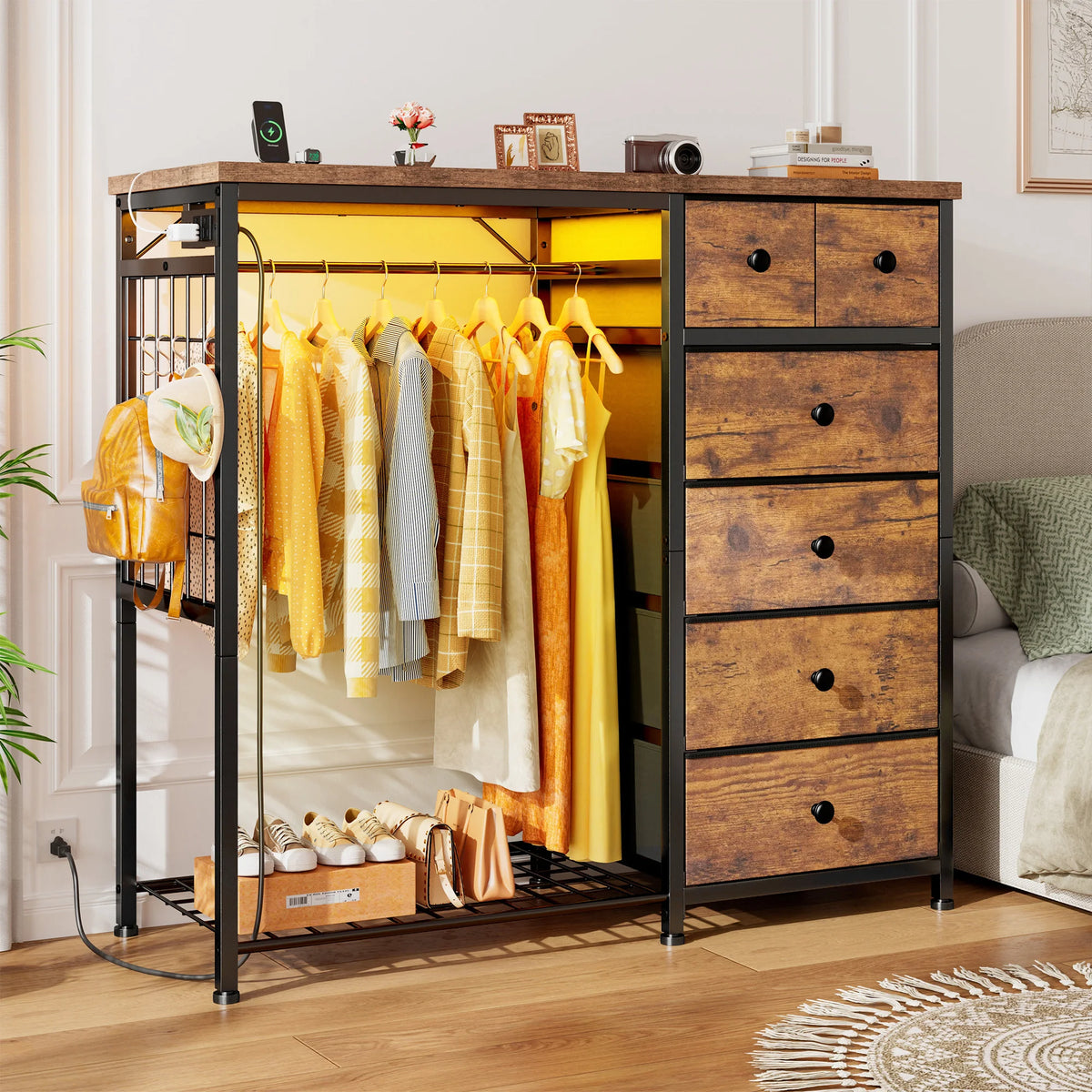 EnHomee 6-Drawer Fabric Dresser with Hanging Rack – 49.2"W, LED Lighting & Charging Station, Grid Panel plus 4 Hooks – For Bedroom or Entryway