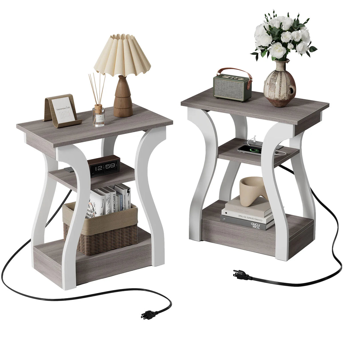 MCQ 2 Pack Living Room Cabinet with Charging Station 3-Tier Side Table Storage Display Nightstand Bedside Coffee Sofa Tea Table Cabinets For Furniture