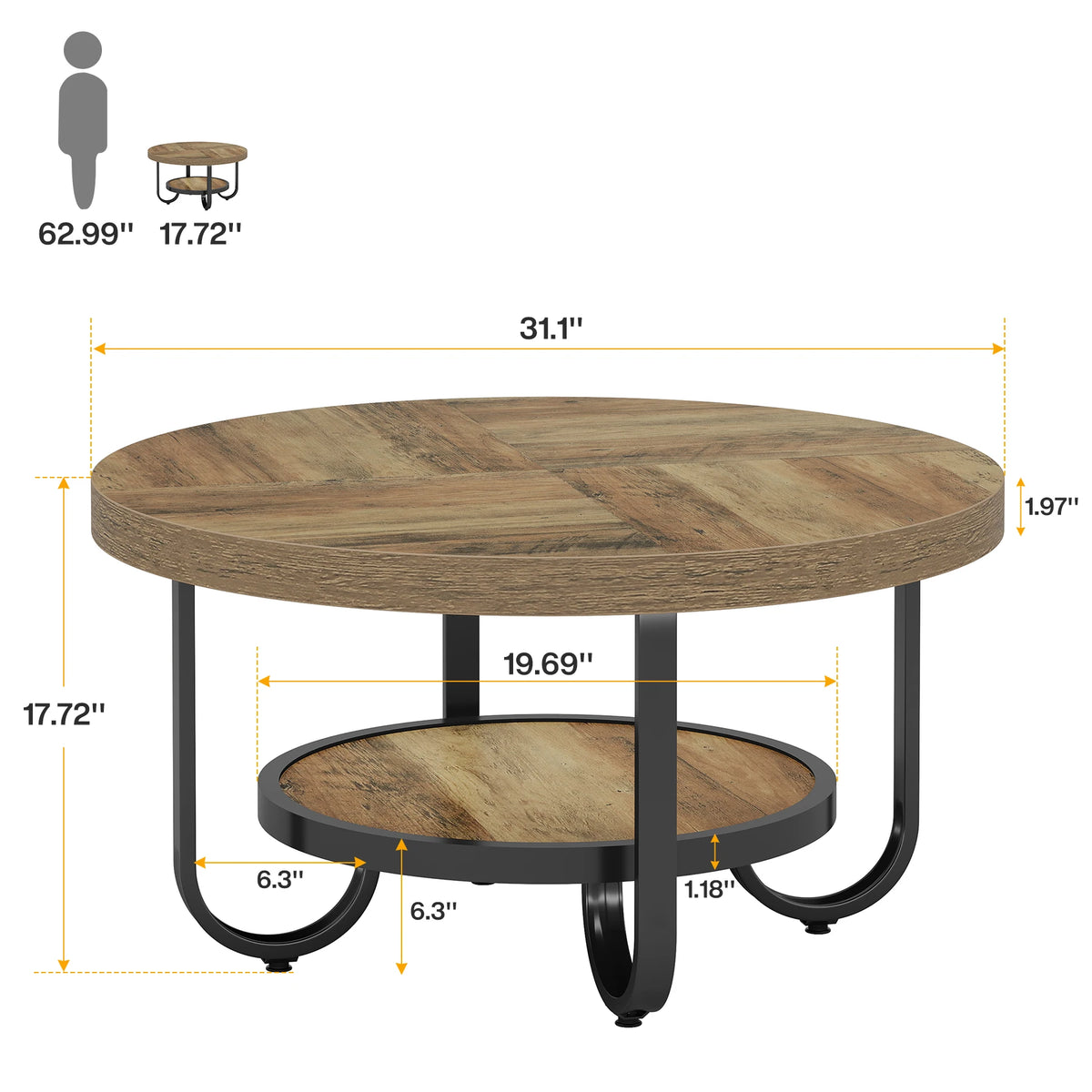 Tribesigns Round Coffee Table With Two Tier Storage Shelf