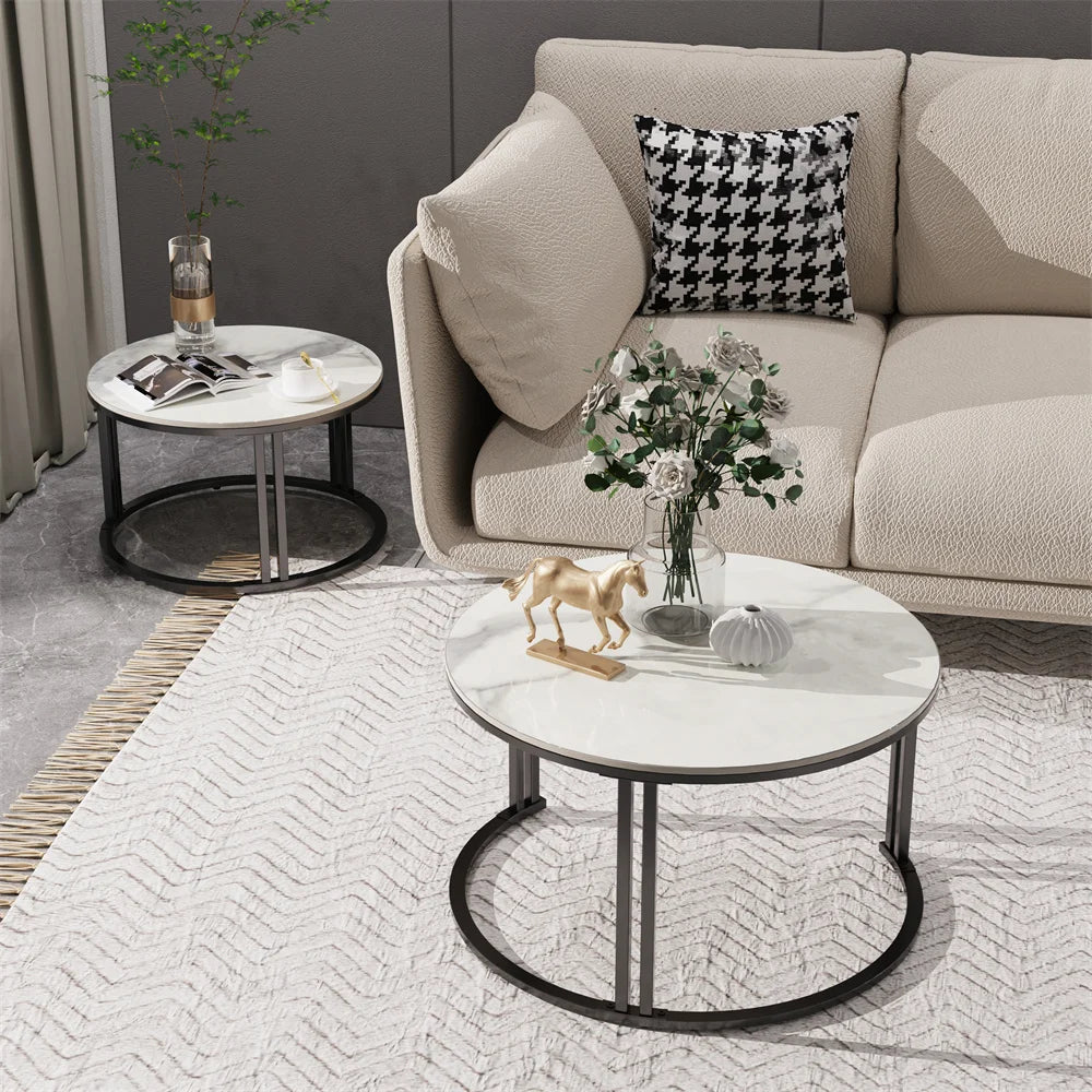 LUVODI Small Living Room Furniture Table 2 Pack Round Marble Nesting Center Coffee Table Sofa Side Tea Desk Space-saving