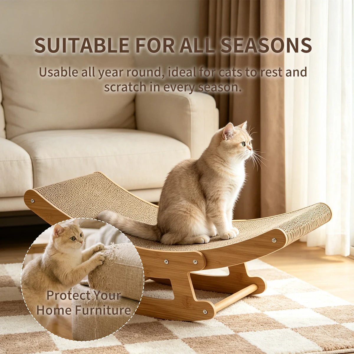 2-in-1 Cat Rocking Chair Scratcher, Dual Purpose Lounge Chair for Claw Sharpening & Resting, S Size Indoor Cat Furniture