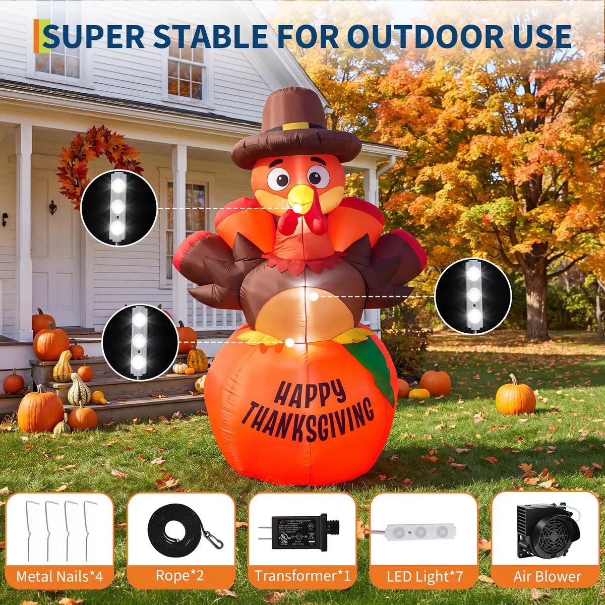 6 FT Thanksgiving Inflatable Outdoor Decoration Pumpkin and Turkey Design with 7 LED Lights Weather Resistant Polyester for Yard Garden Porch Party Indoor Display Holiday Festival Decor