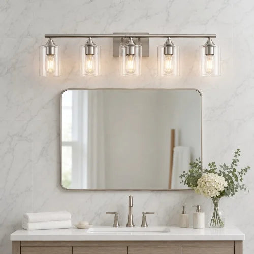 Three Light Brushed Nickel Bathroom Vanity Light With Clear Glass