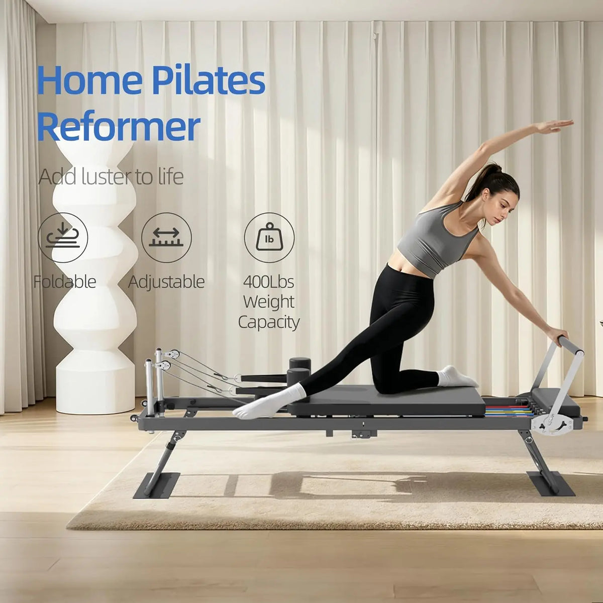 Foldable Pilates Reformer Machine With Adjustable Resistance Bands