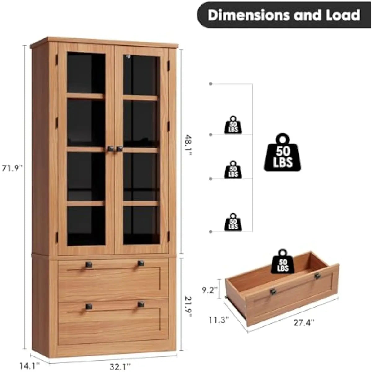 Freestanding Storage Cabinet With Glass Doors Drawers And Adjustable Shelves