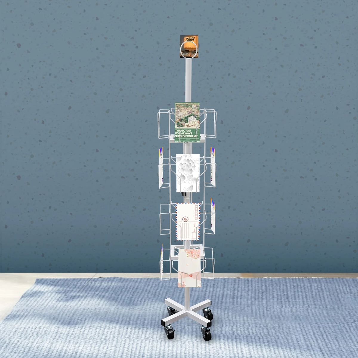 4-Tier 16 Pocket Rotating Greeting Card Rack, 360° Swivel Brochure Display Stand with 4 Wheels for Postcard Sticker Organizer, Floor Standing Metal Holder