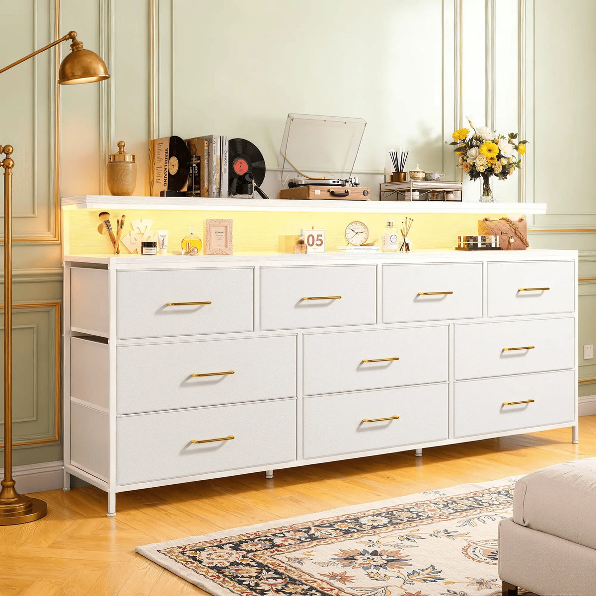 EnHomee 55" Multi-Function Dresser – 10 Spacious Fabric Drawers (Long Drawers), LED Lighting & AC Outlets, Metal Frame – For Bedroom or Hallway