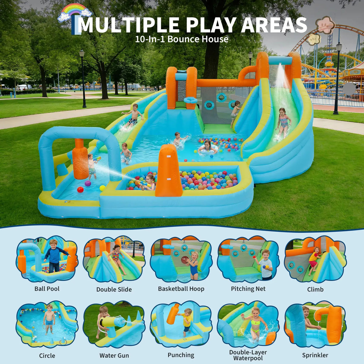HiMISS 10-in-1 Inflatable Bounce House With Water Slide For Kids