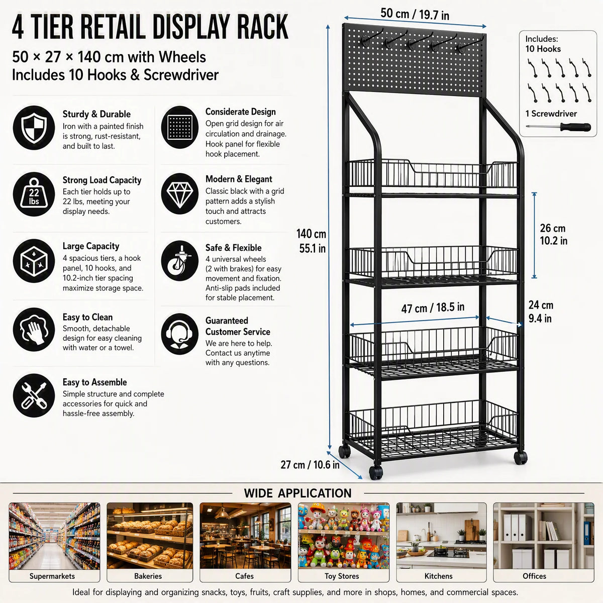 4-Tier Retail Display Rack Stand with Wheels, Snack Candy Organizer Basket Cart with 10 Hooks, 22 lbs Capacity per Shelf for Supermarket Bakery Store, Black