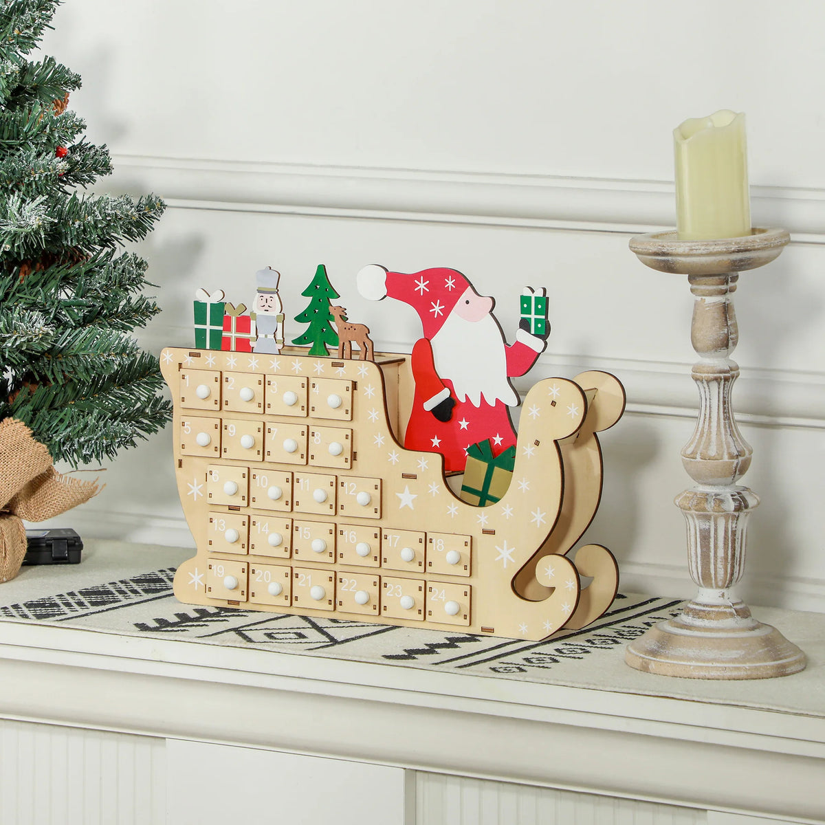 HOMCOM Christmas Advent Calendar with 24 Countdown Drawers, Reusable Wooden Holiday Decoration Xmas Gift for Kids Adults, Natural Wood