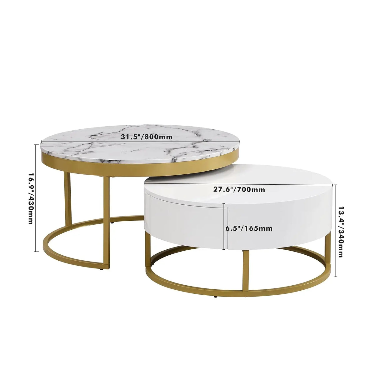 Modern Round Nesting Coffee Table with Marble Top, White & Gold Nesting Coffee Table Set of 2 Center Table with, Customized