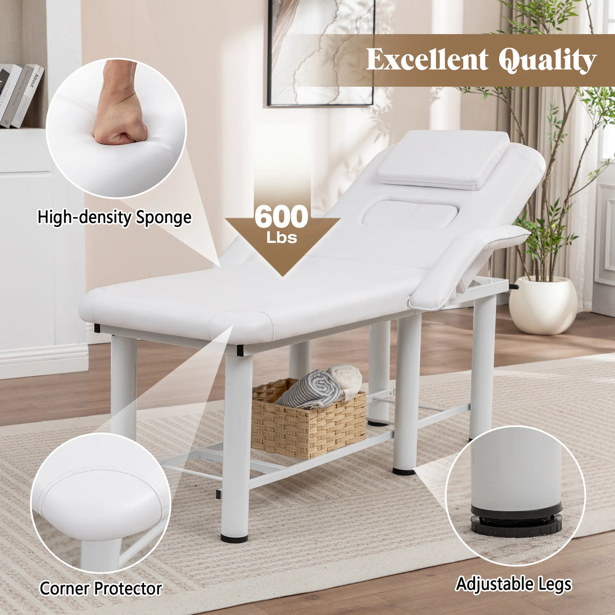 Professional Beauty Bed with Removable Headrest Breast Cushions Armrests and Storage Shelf for Massage Facial Tattoo Spa White