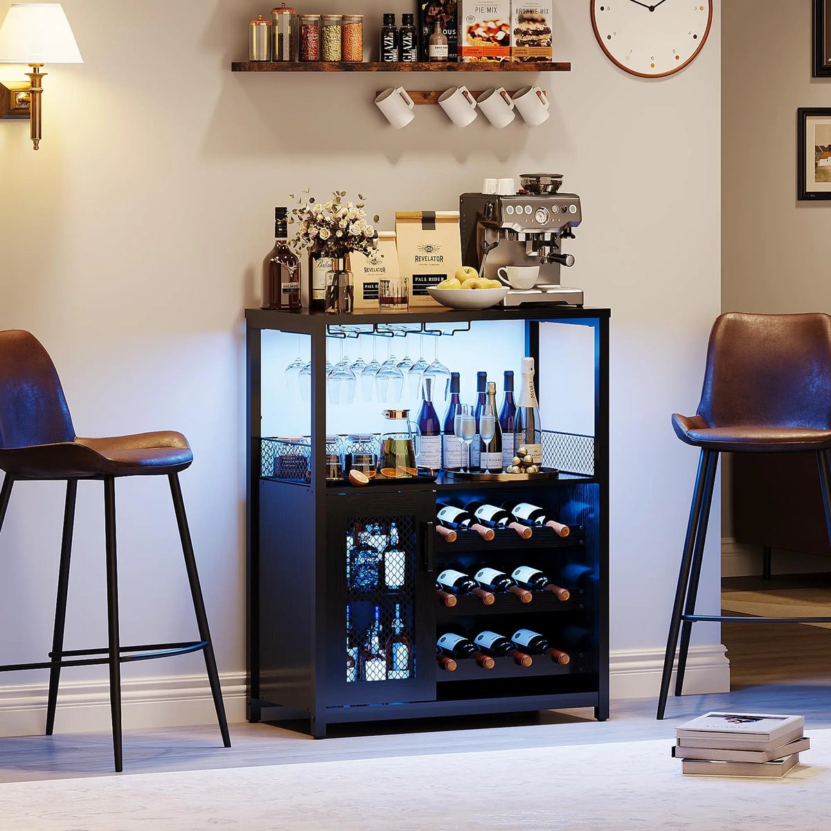 Wine Bar Cabinet With LED Lights And Adjustable Shelves