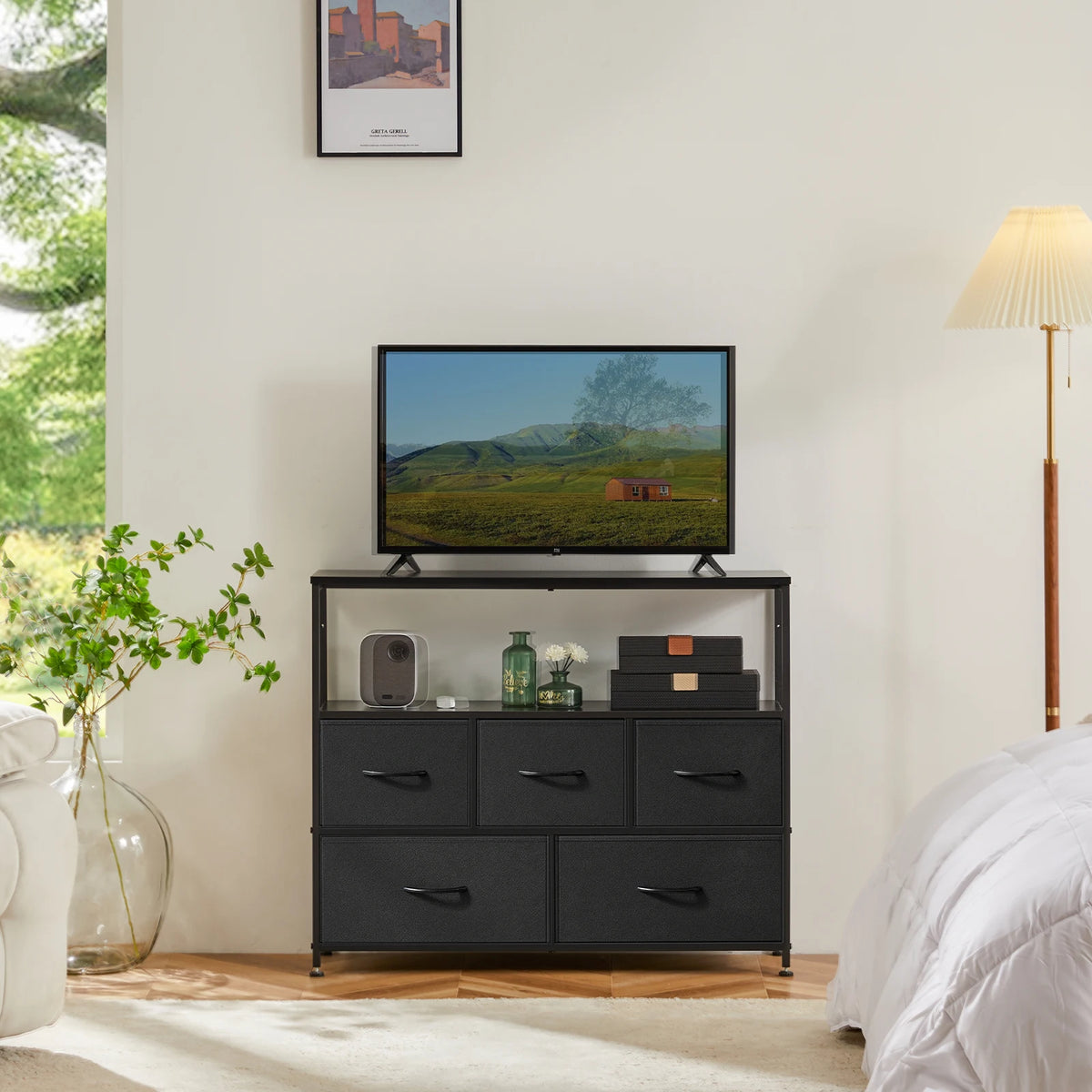 MCQ Modern TV Stand Media Console With Fabric Storage Drawers