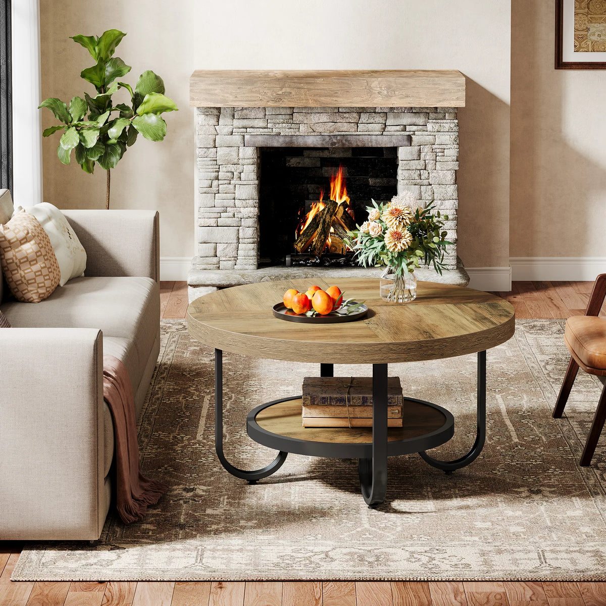 Tribesigns Round Coffee Table With Two Tier Storage Shelf