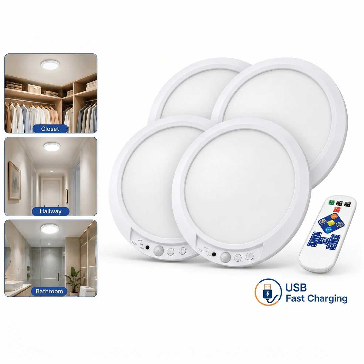 8/4Pack Motion Sensor Ceiling Light with Remote Rechargeable 10000mAh Battery Magnetic Wireless for Closet Shower Stairs Shed Hallway Porch Patio 3000K 4000K 6000K