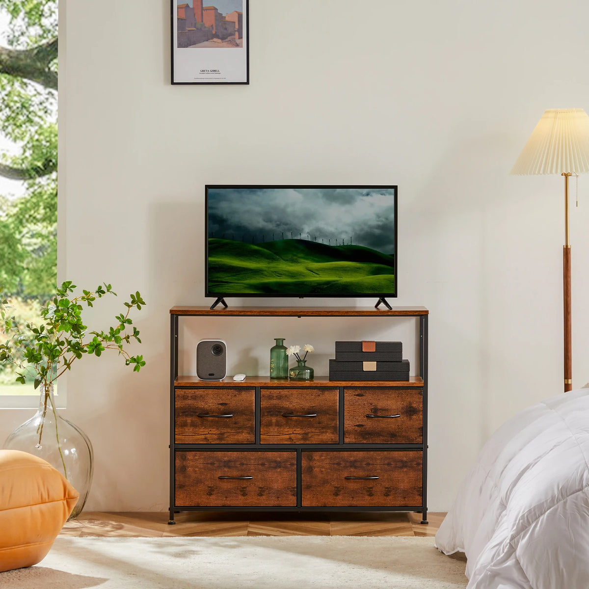 MCQ Modern TV Stand Media Console With Fabric Storage Drawers