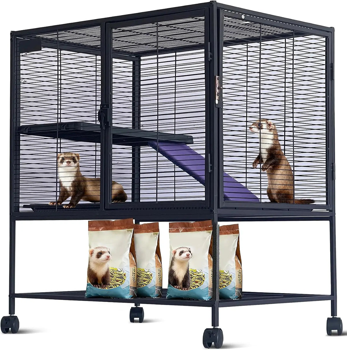 39" Multi-Level Metal Small Animal Cage – Large Ferret & Hamster Enclosure with Ramp, Storage Stand & Removable Tray for Chinchilla, Rabbit
