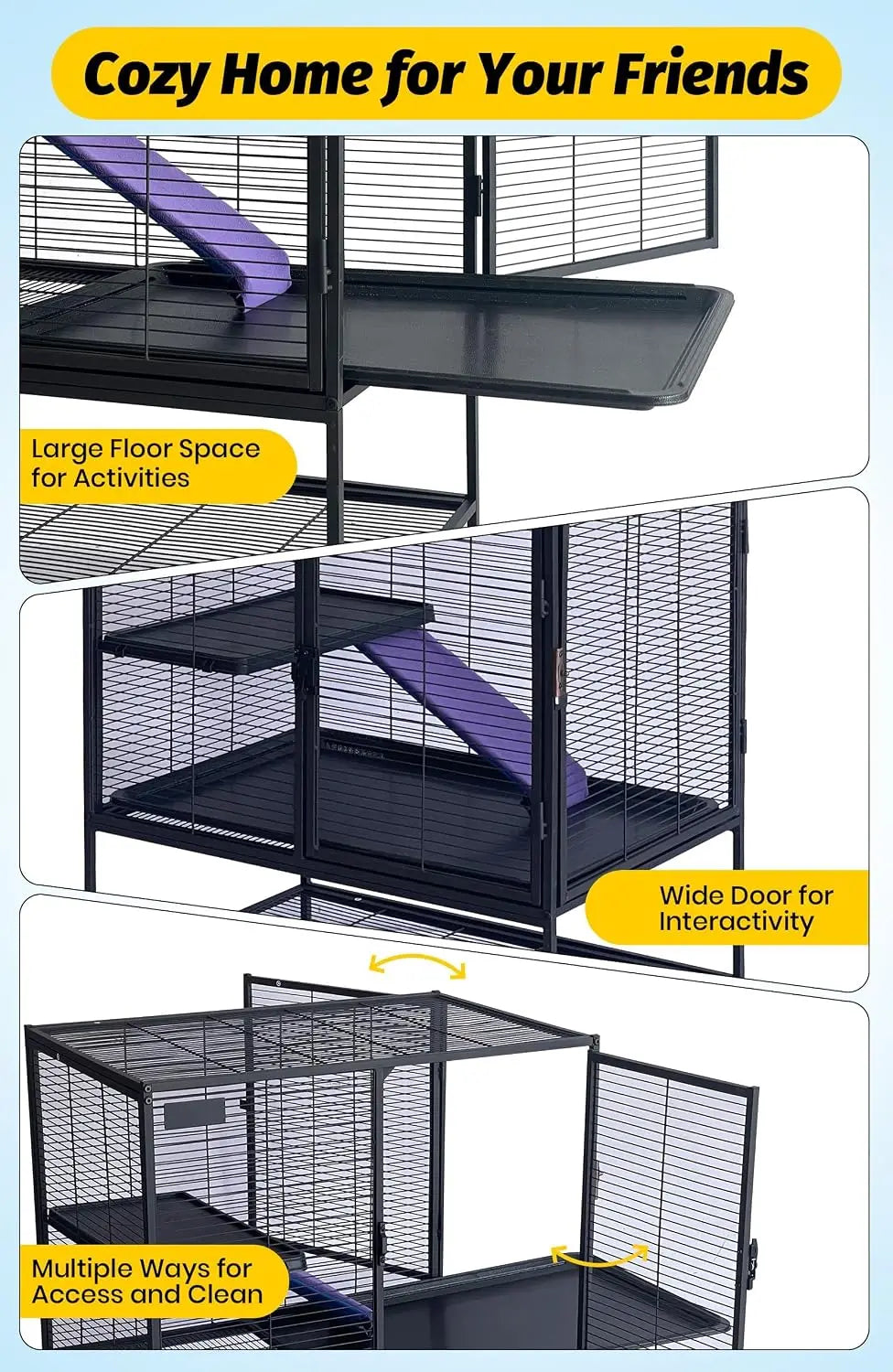 39" Multi-Level Metal Small Animal Cage – Large Ferret & Hamster Enclosure with Ramp, Storage Stand & Removable Tray for Chinchilla, Rabbit