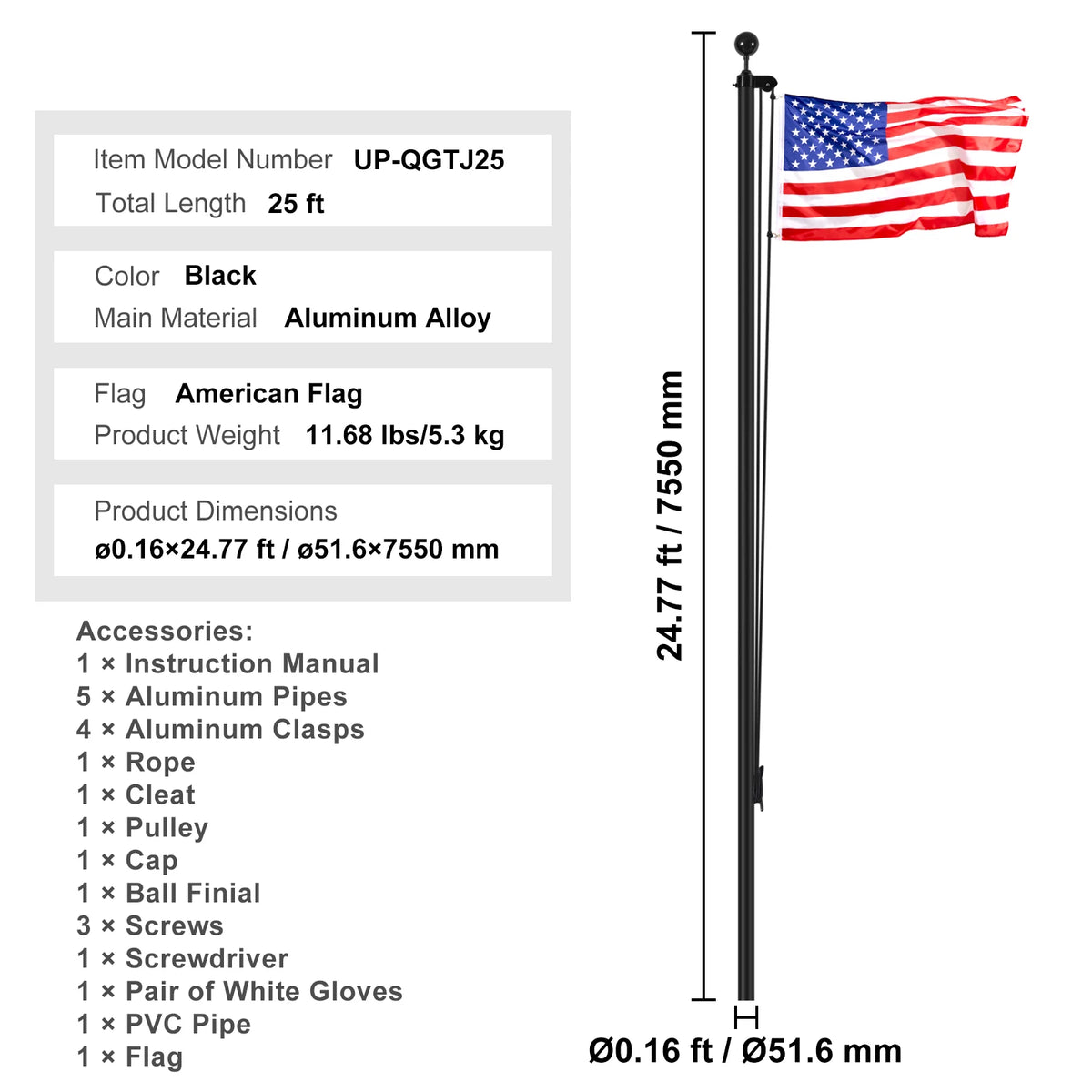VEVOR Aluminum Flagpole Kit With American Flag For Yard