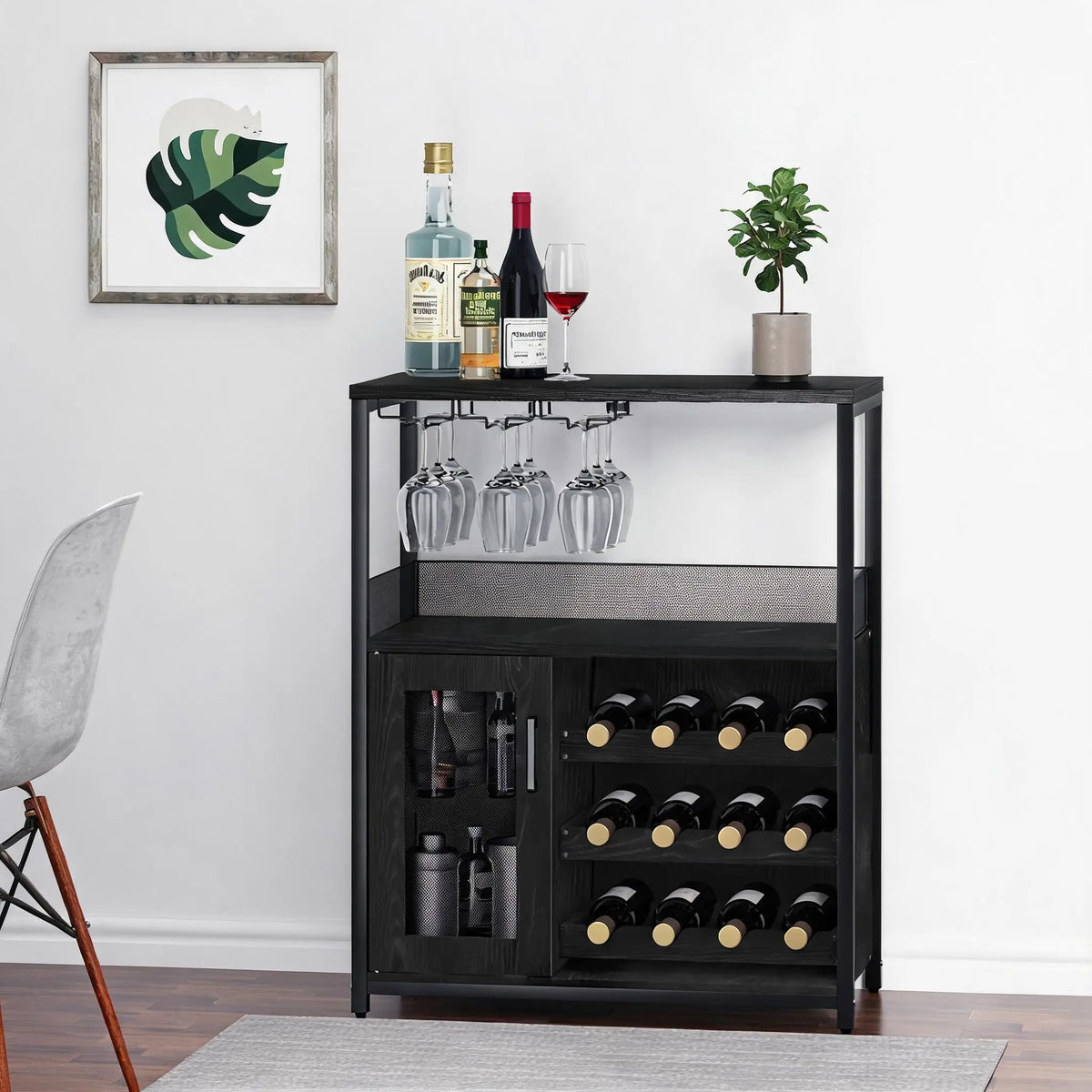 Wine Bar Cabinet With LED Lights And Adjustable Shelves