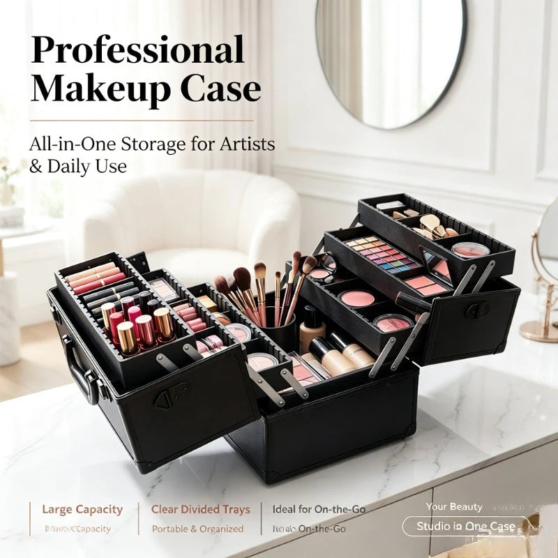 14Inch Large Black Professional Multi‑layer Foldable Makeup Case Large Capacity Cosmetic Storage Box Lockable Design Compartment Organizer with Mirror Portable Beauty Train Case for Home Dressing Table Outdoor Makeup Work