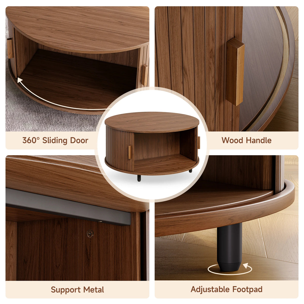ONBRILL Modern Coffee Table With Storage And Curved Sliding Door