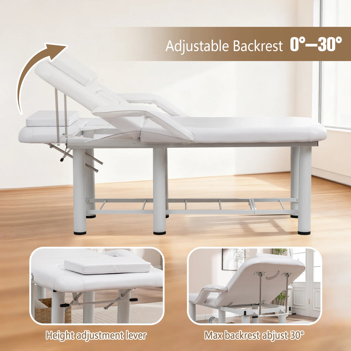 Professional Beauty Bed with Removable Headrest Breast Cushions Armrests and Storage Shelf for Massage Facial Tattoo Spa White