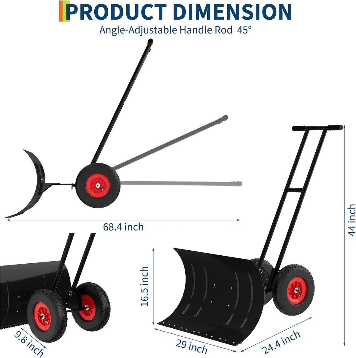 Wheeled Metal Snow Pusher with Adjustable Handle for Driveway Clearing