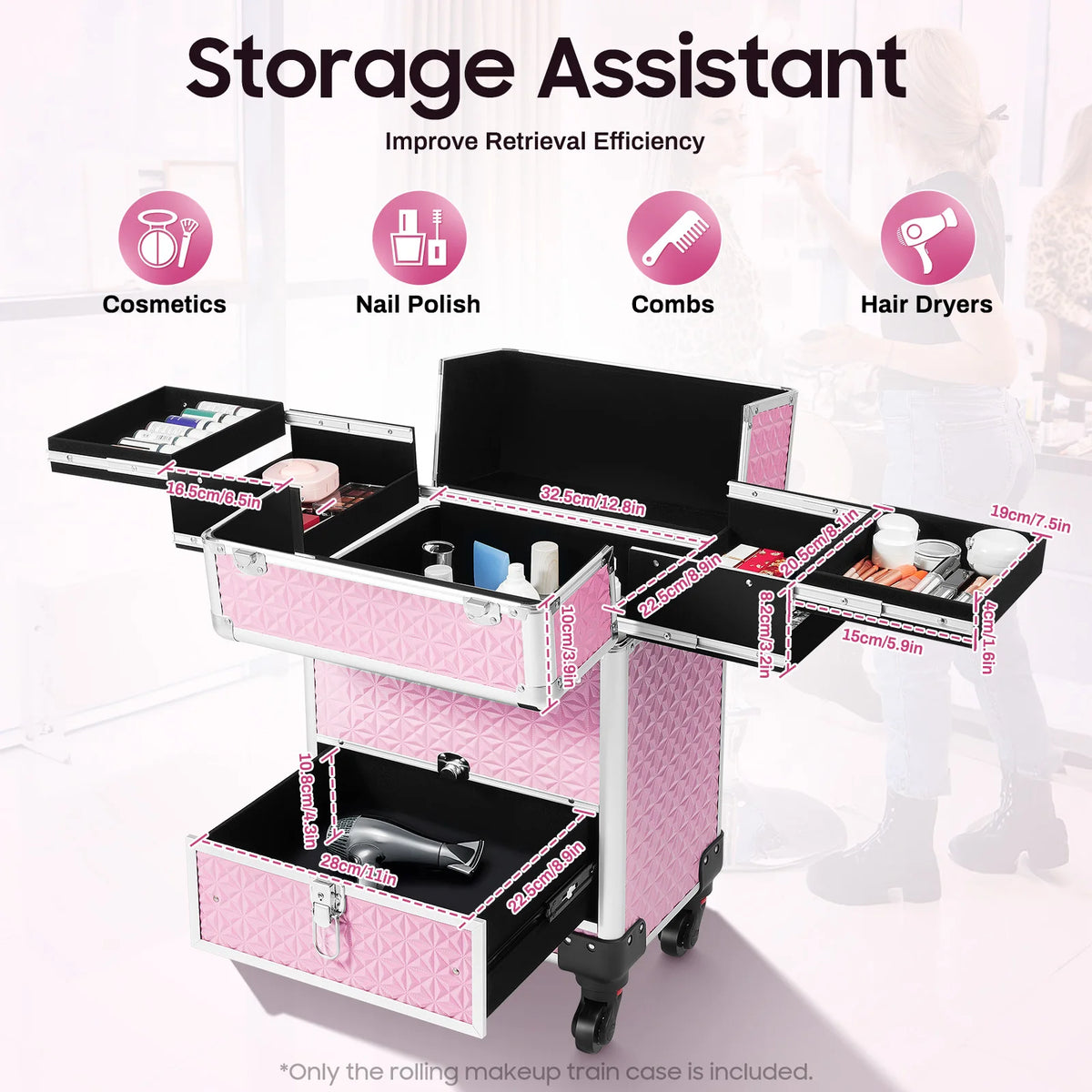 Makeup Trolley Pink Makeup Train Case With 7 Compartments Drawer Durable Aluminum Frame ABS Large Cosmetic Storage Box