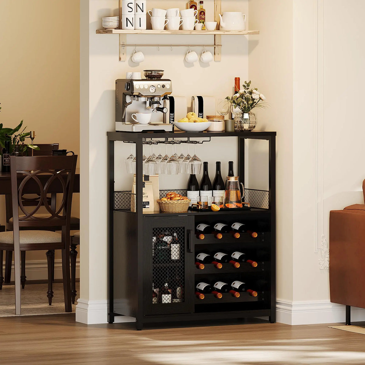 Wine Bar Cabinet With LED Lights And Adjustable Shelves