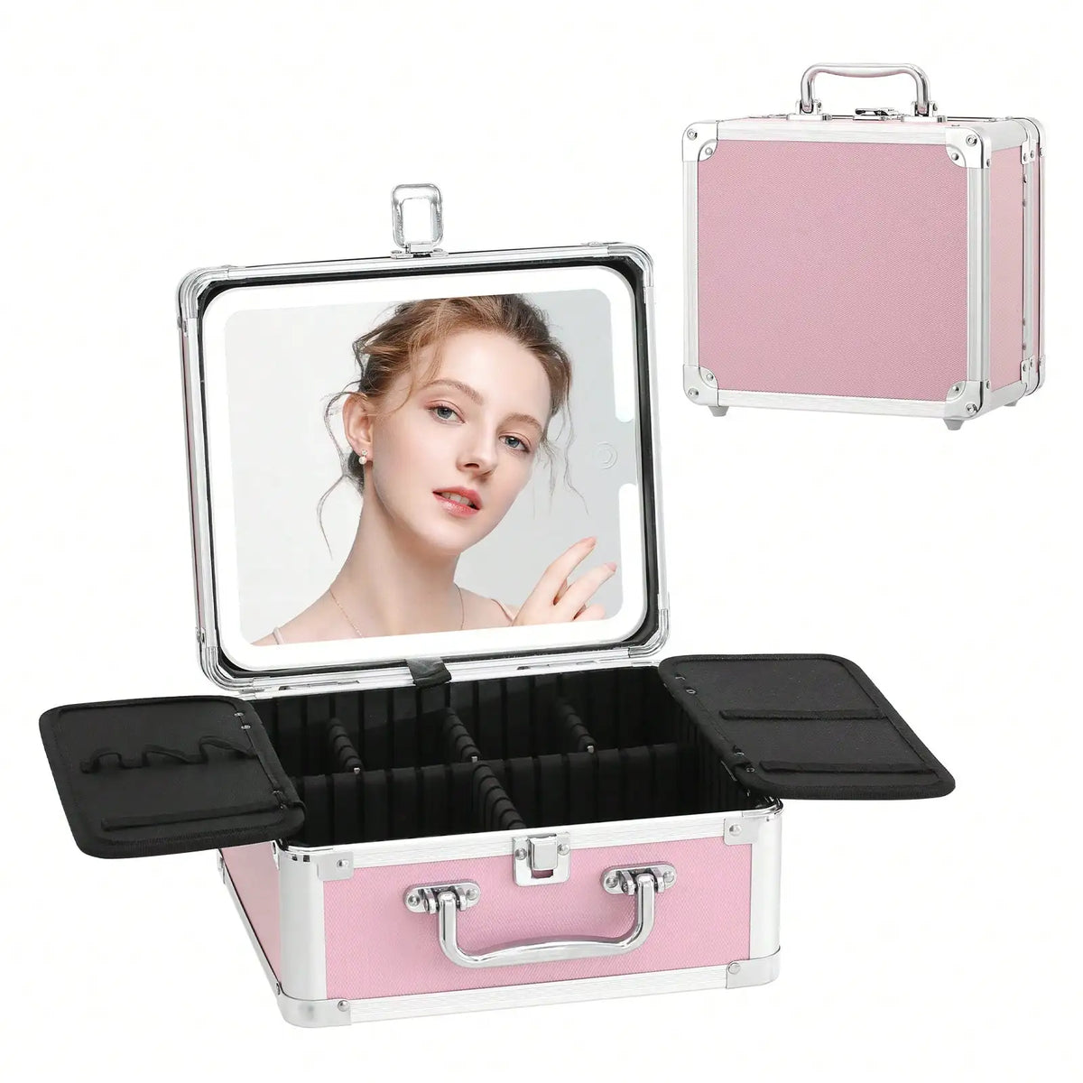 Professional Makeup Train Case with Rechargeable LED Mirror, Large Capacity Cosmetic Organizer with Adjustable Dividers, Travel Makeup Storage Box for Artist Salon Vanity