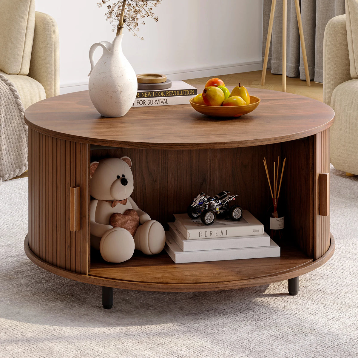 ONBRILL Modern Coffee Table With Storage And Curved Sliding Door