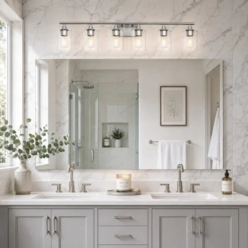 Three Light Brushed Nickel Bathroom Vanity Light With Clear Glass