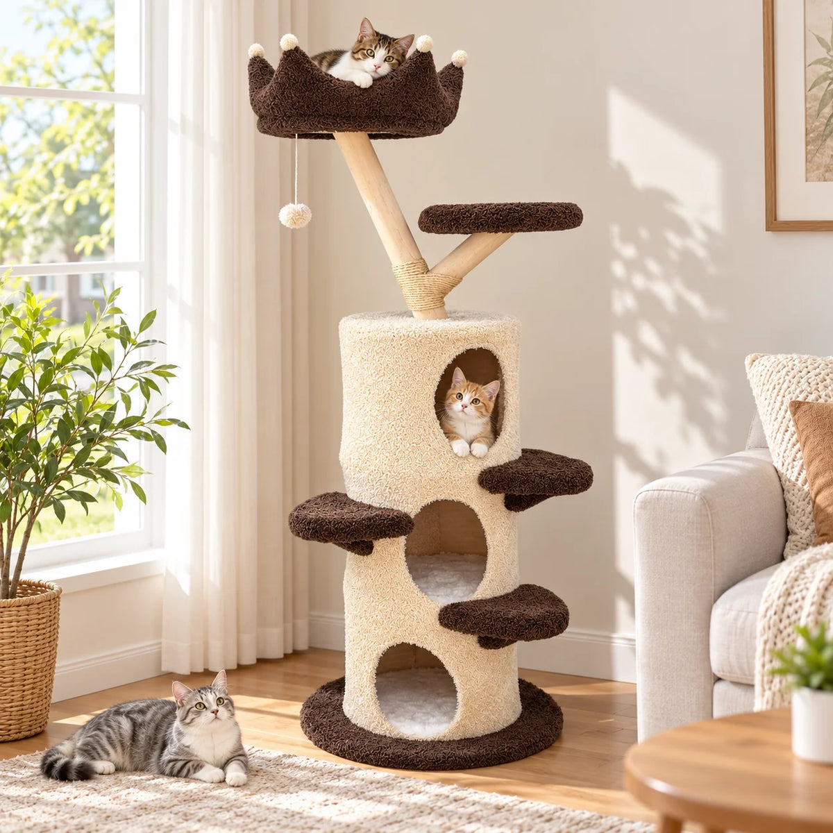 Bingopaw 160 cm Cat Tree for Indoor Cats, Multi-Level Cat Tower with 3 Condos, Crown Top Perch, Scratching Post, Climbing Steps and Hanging Toy, Cream and Dark Brown