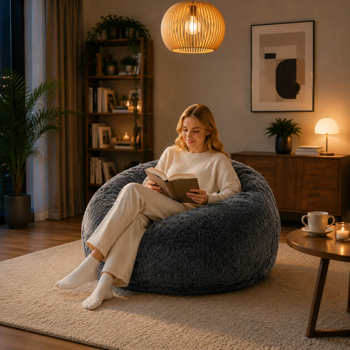 Fluffy Faux Fur Bean Bag Chair With Rebound Memory Foam