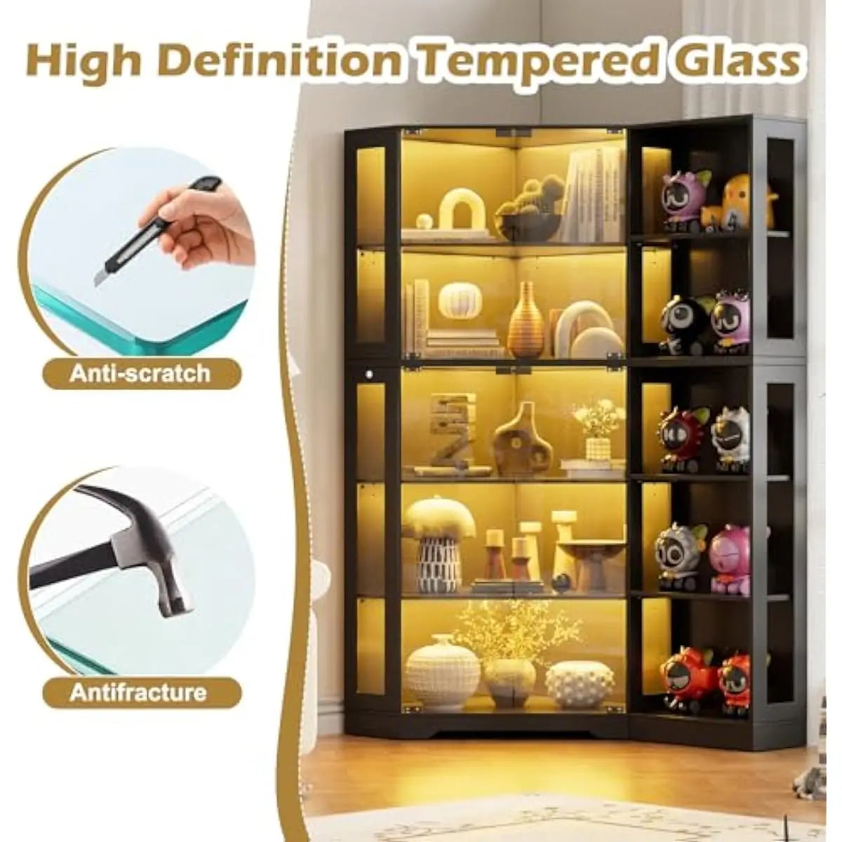 Display Cabinet with Tempered Glass Doors and Adjustable LED Lighting in Blue White Yellow | Modern Living Room Curio Shelf with