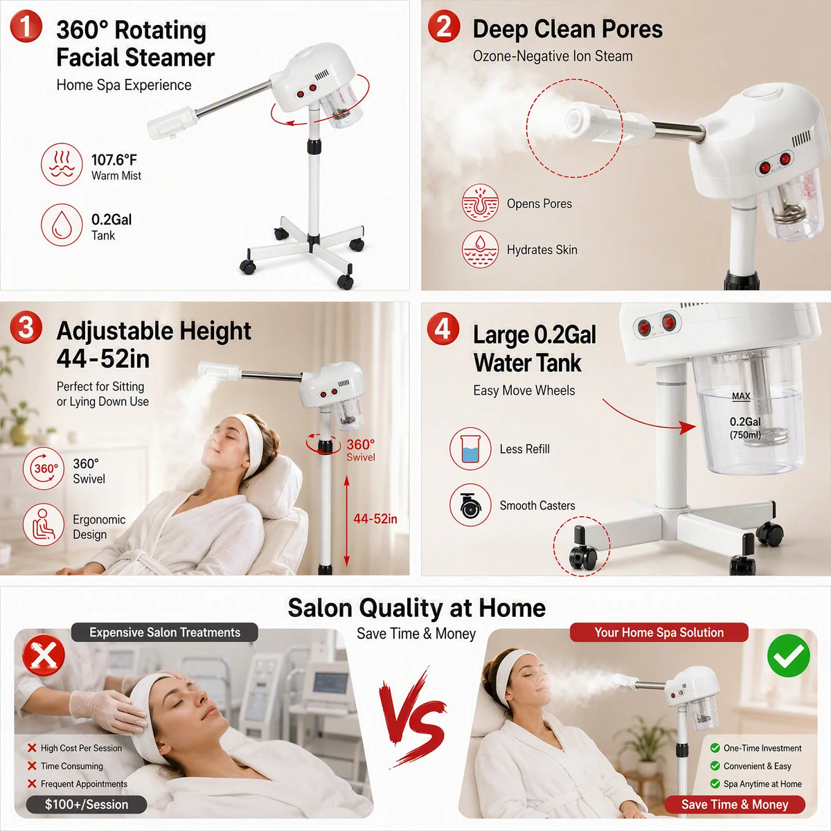 360 °   Rotating Facial Steamer – Ozone Ionic Warm Mist – Adjustable Height 44-52" – 0.2Gal Tank – Home Spa – 110V Us Plug – White