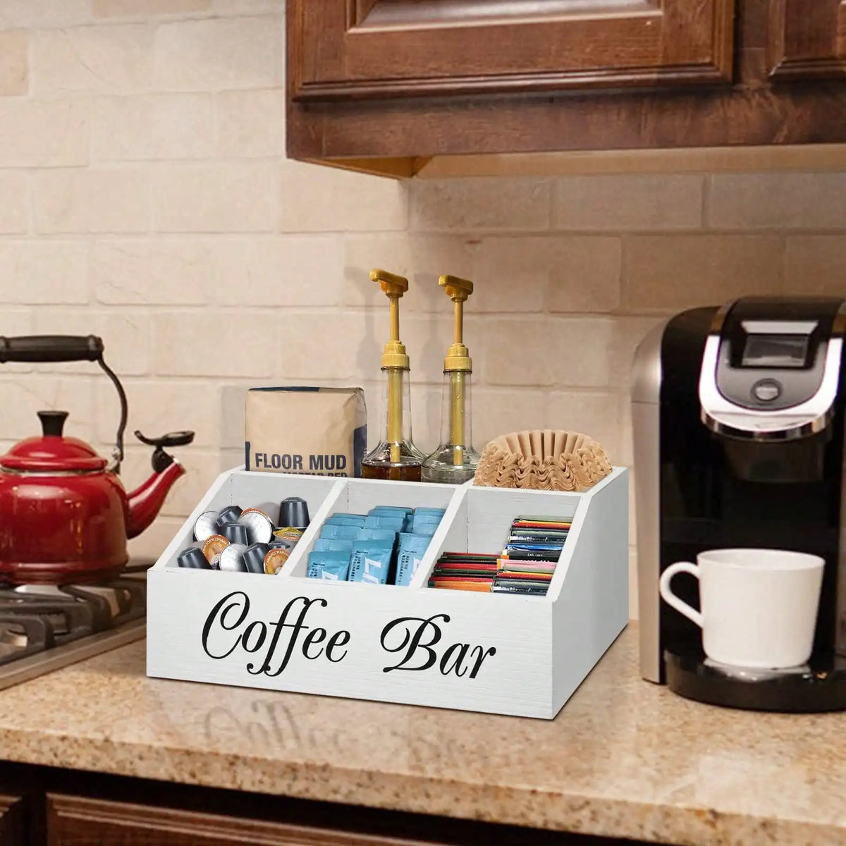 Coffee Bar Organizer Countertop Farmhouse Wooden Coffee Station Box Black Cursive Letter Printed Compartments Drawer For Coffee Pods Sugar Tea Cups Condiments Kitchen Office Counter Decor Housewarming Gift