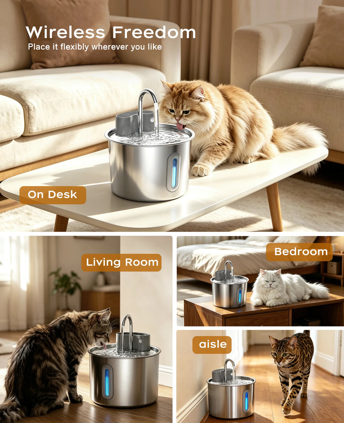 Cordless Stainless Steel Cat Water Fountain 74oz/2.2L, Battery Operated Quiet Automatic Wireless Pet Fountain for Pets Indoor