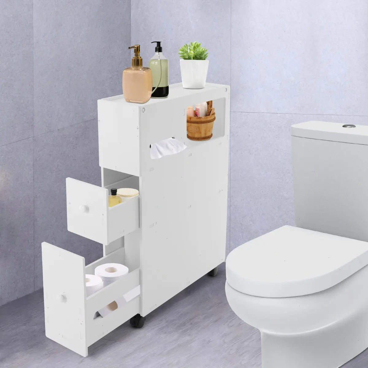 Narrow Bathroom Storage Cabinet, PVC, 4 Wheels with Brakes, Multi-Layer, Slim, for Toilet, Bathroom, Living Room, Organizer, Trolley, Floor Storage, Space Saving