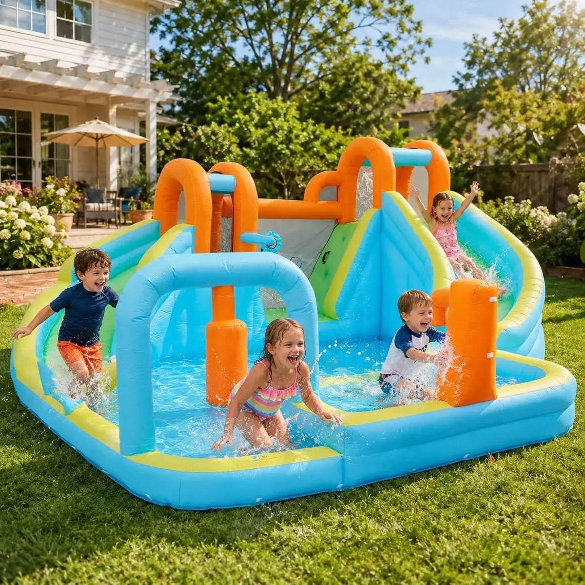 Tacleekii 15.9ft X 14ft Giant Inflatable Bounce House with Slide and 550W Blower 10-in-1 Water Slide Bounce House for Backyard, Huge Indoor Outdoor Bouncy Castle for Children, Jump House Water Park