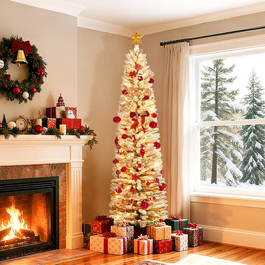 6/7.5ft Flocked Pencil Christmas Tree - Pre-lit Frosted Slim Artificial Tree, Space Saving Xmas Tree Holiday Decoration for Home, Full Prelighted Warm White LED Lights, Foldable Base, Easy Assembly