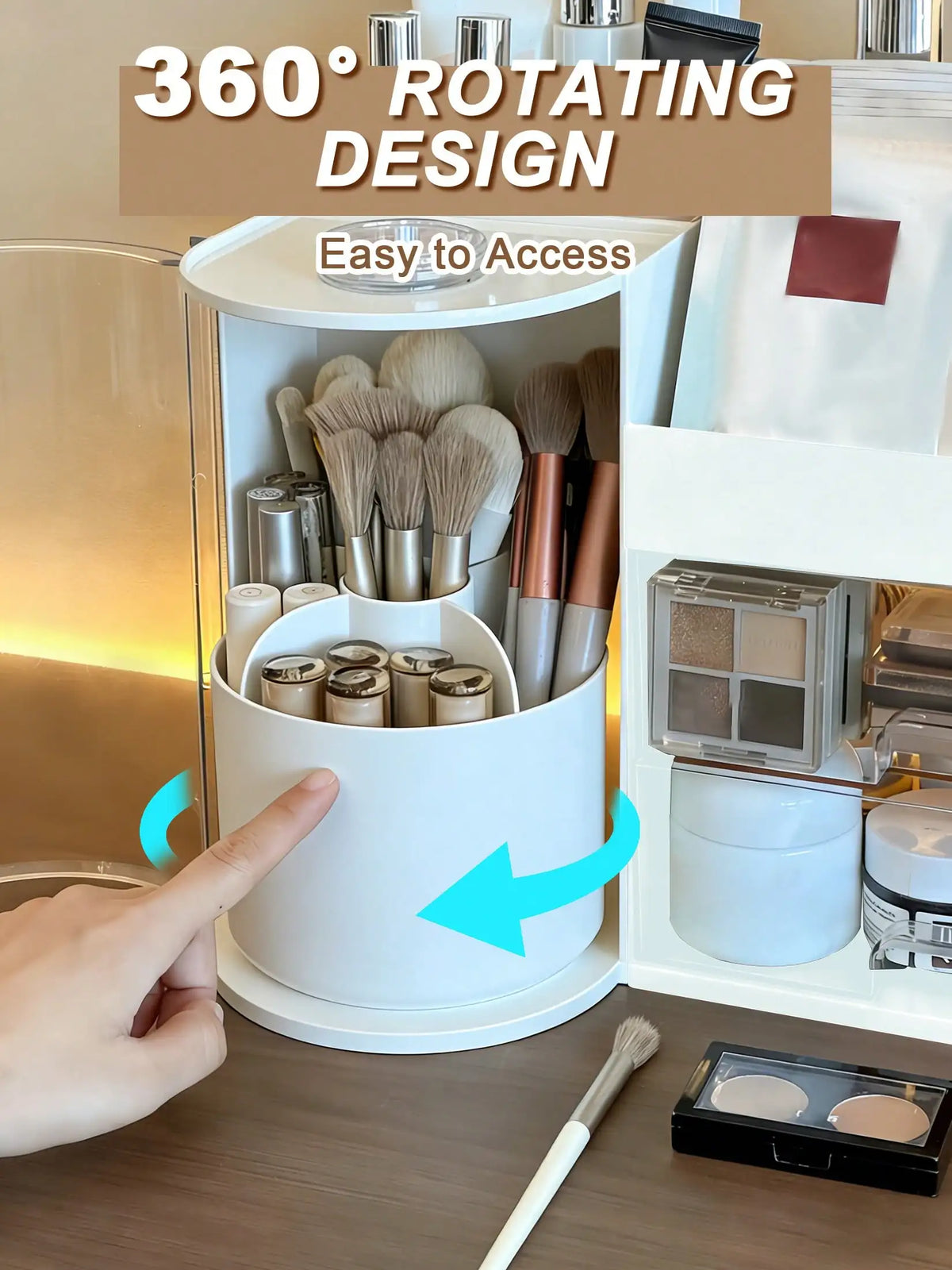 White Makeup Organizer for Vanity, Large Capacity Bathroom Countertop Cosmetic Storage Box with Drawers & Brush Holder, Skincare Organizer for Lipstick, Nail Polish & Eyeshadow