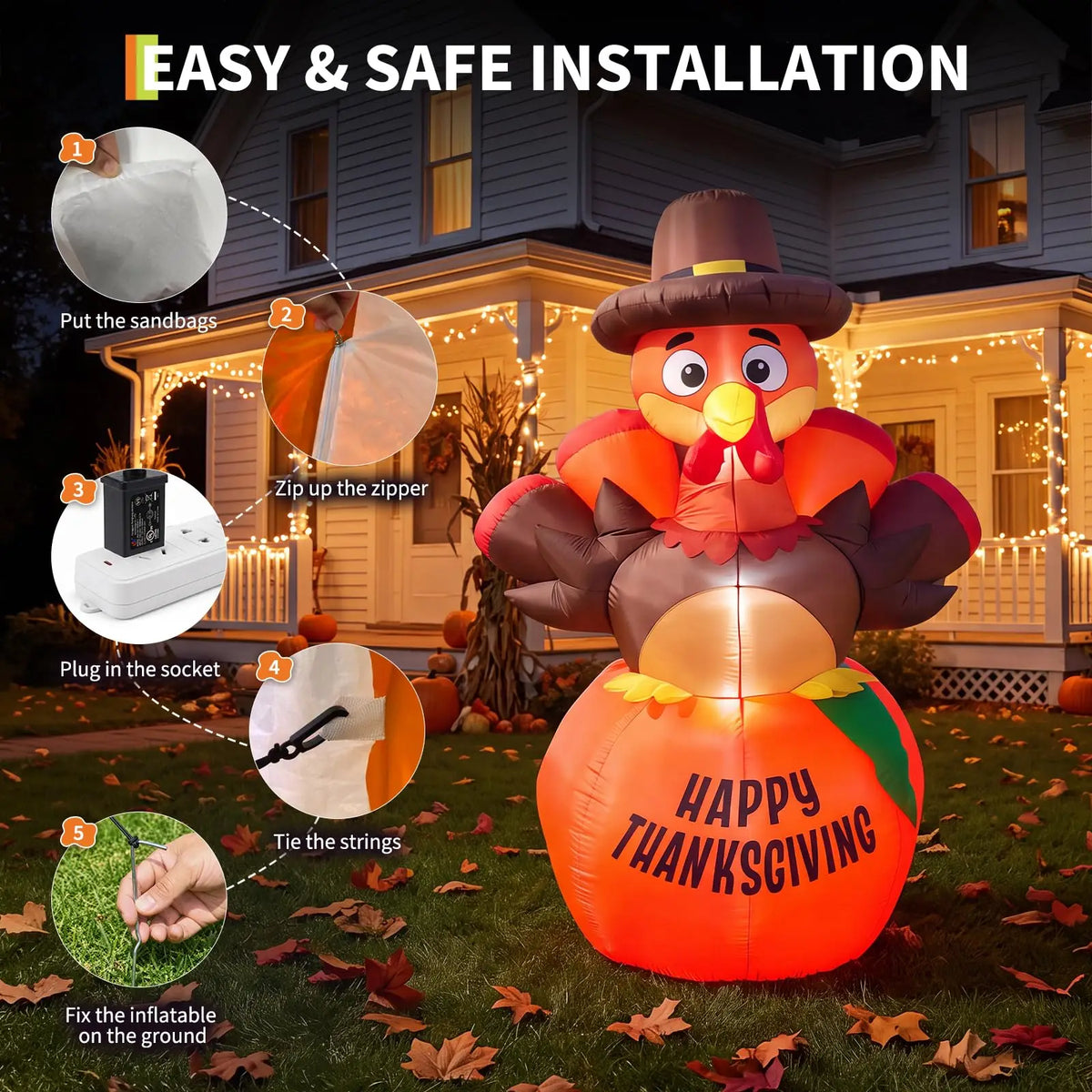 6 FT Thanksgiving Inflatable Outdoor Decoration Pumpkin and Turkey Design with 7 LED Lights Weather Resistant Polyester for Yard Garden Porch Party Indoor Display Holiday Festival Decor